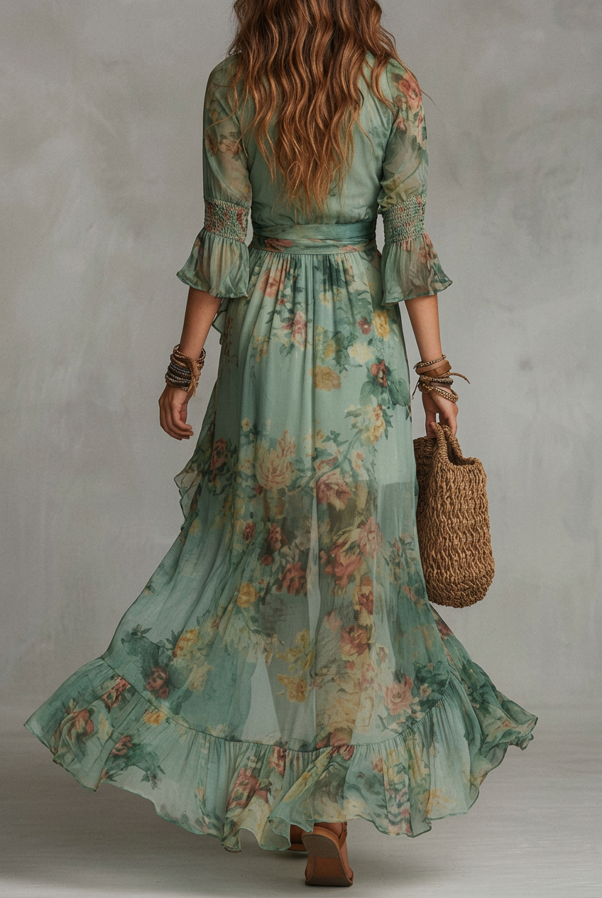 Maxi Chiffon Dress in Grass Green with Irregular Ruffles and Slit