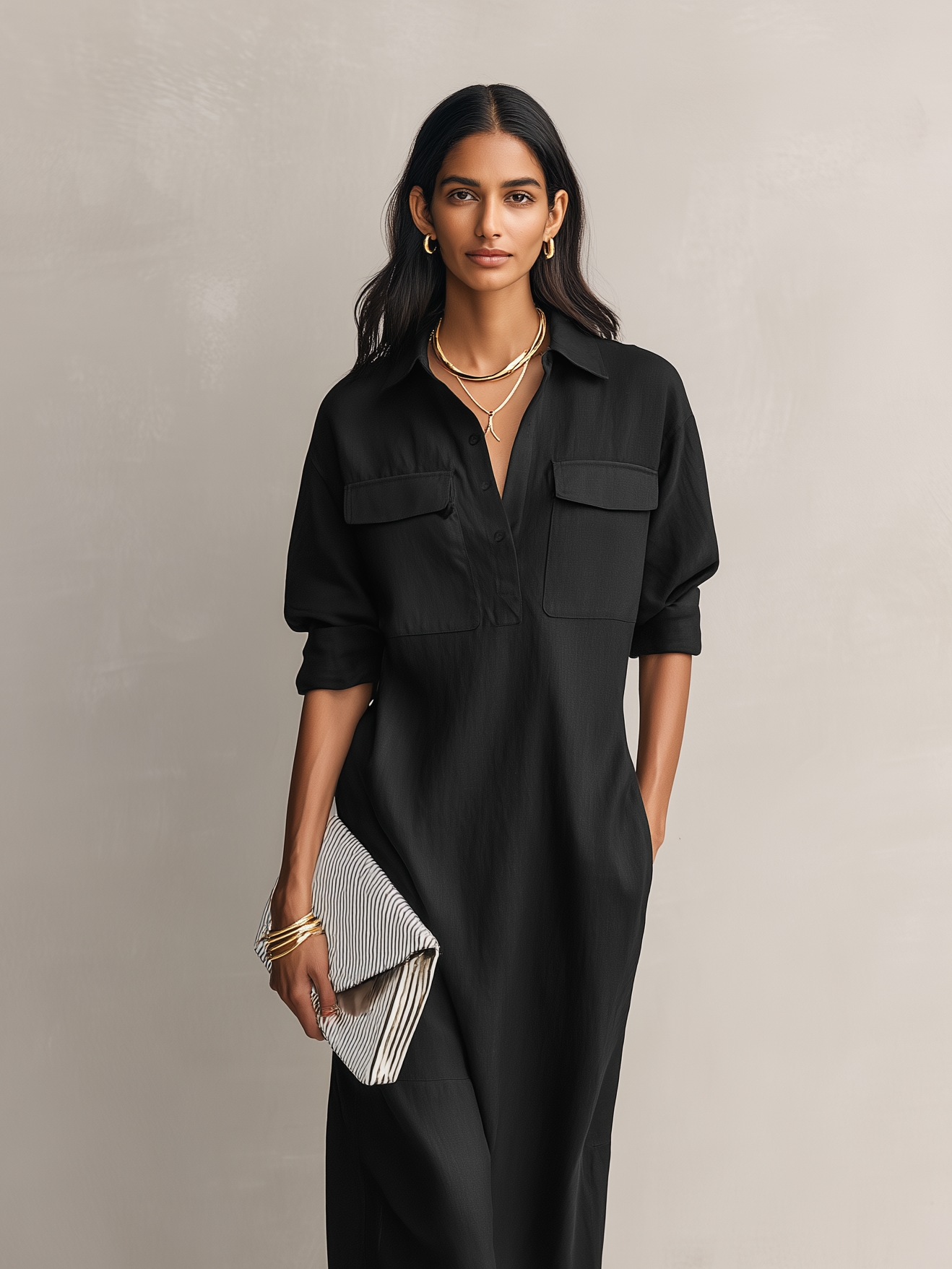 Leah | Cotton-Linen Shirt-Collar Midi Dress