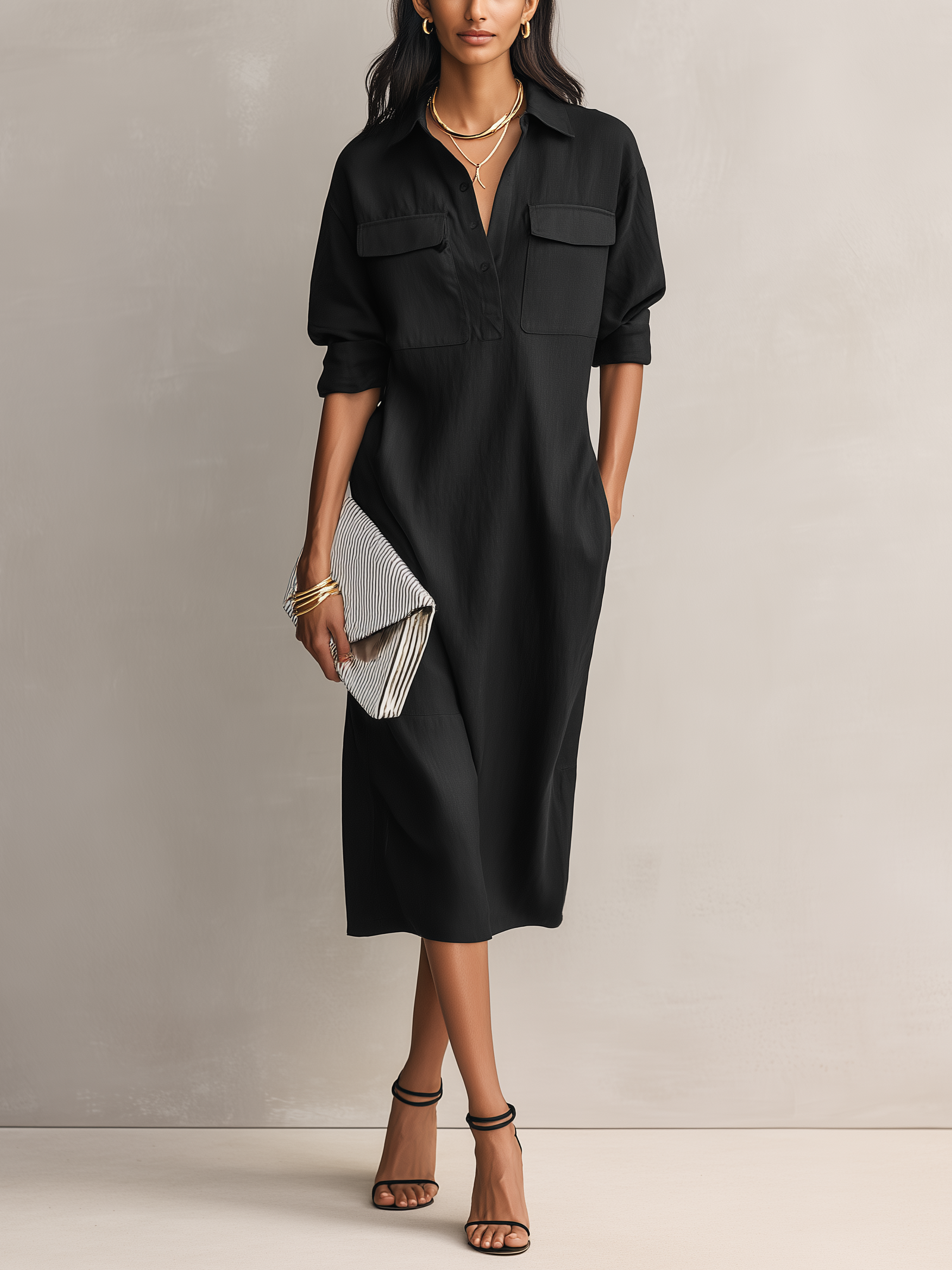 Leah | Cotton-Linen Shirt-Collar Midi Dress