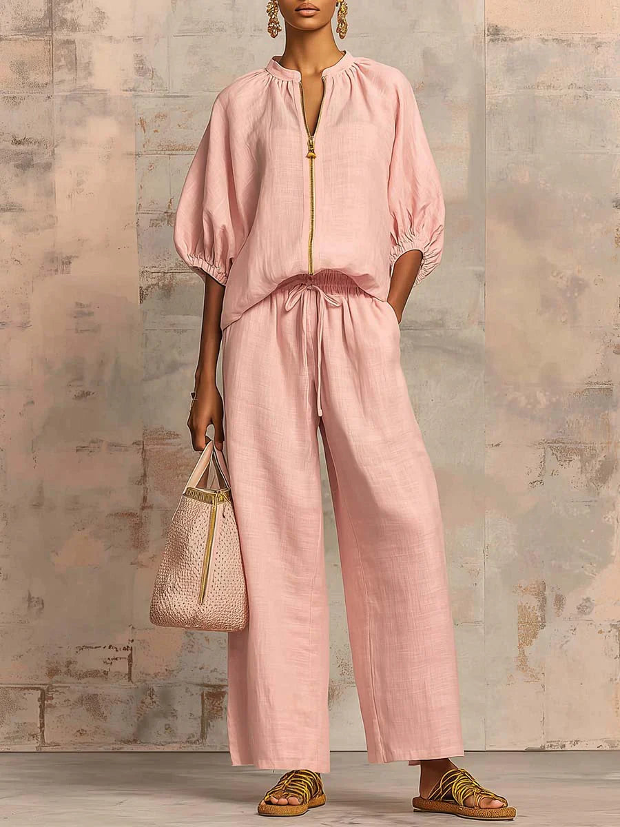 Marisol | Two-Piece Set: Linen-Textured Relaxed Shirt & Wide-Leg Trousers
