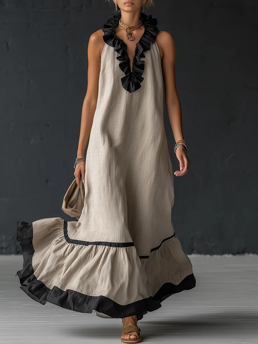 Elegant and Romantic Maxi Dress with Ruffles and Color Blocks