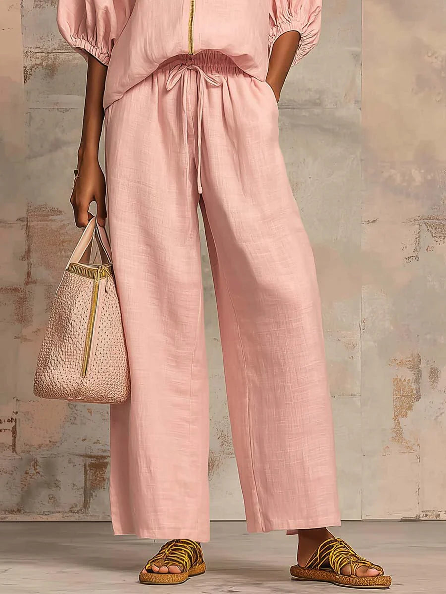 Marisol | Two-Piece Set: Linen-Textured Relaxed Shirt & Wide-Leg Trousers