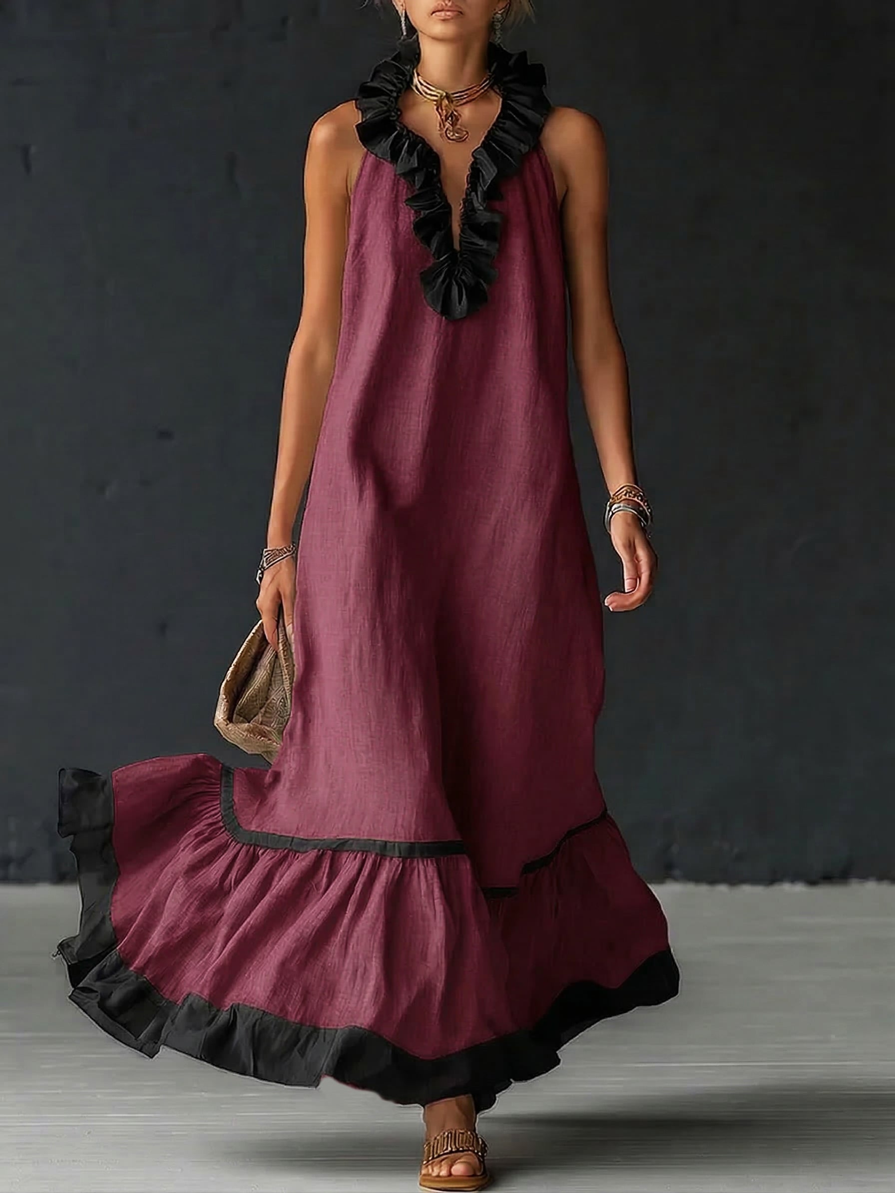 Elegant and Romantic Maxi Dress with Ruffles and Color Blocks