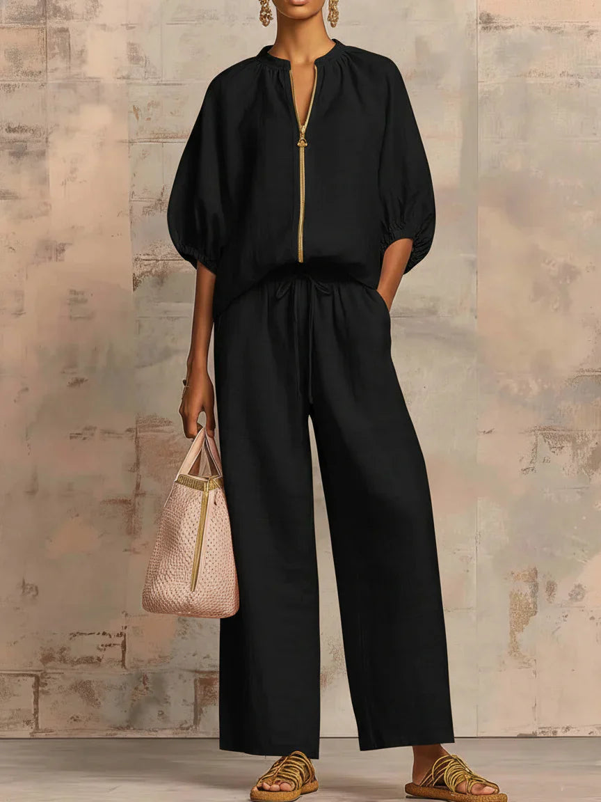 Marisol | Two-Piece Set: Linen-Textured Relaxed Shirt & Wide-Leg Trousers