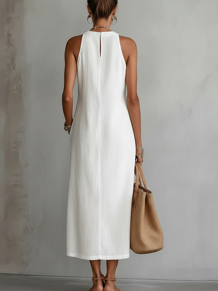 Bianca - Midi linen dress with Mao collar