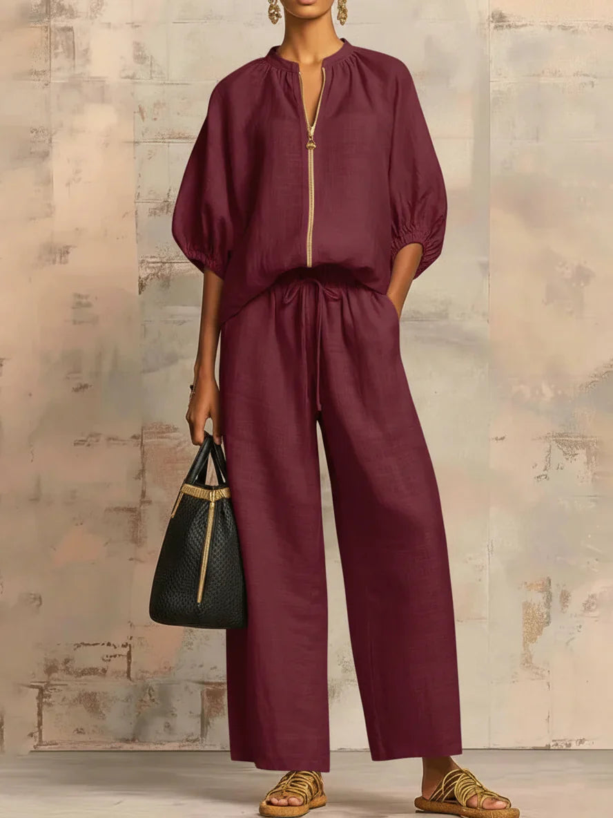 Marisol | Two-Piece Set: Linen-Textured Relaxed Shirt & Wide-Leg Trousers