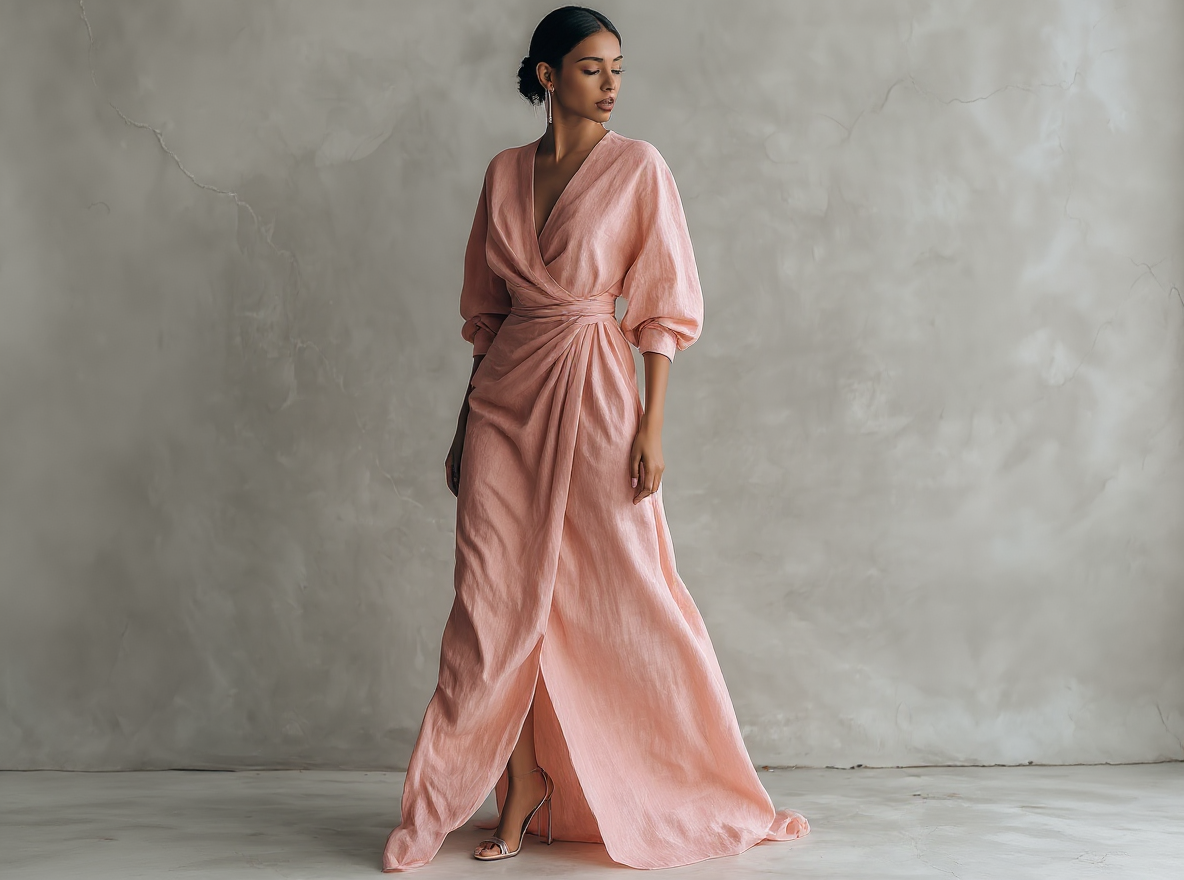Pink Minimalist Long Dress with V-Neck in Linen Blend for Women