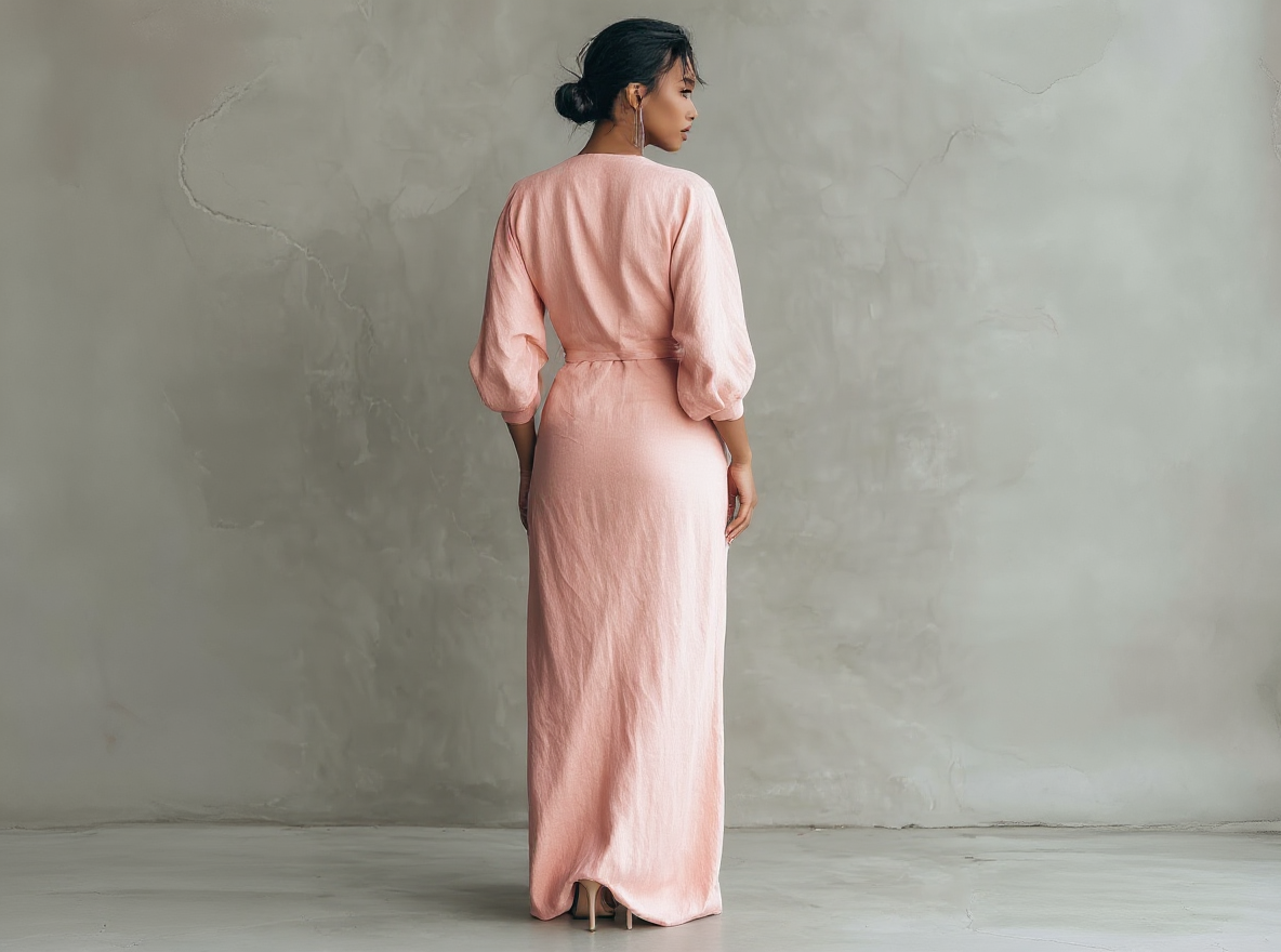 Pink Minimalist Long Dress with V-Neck in Linen Blend for Women