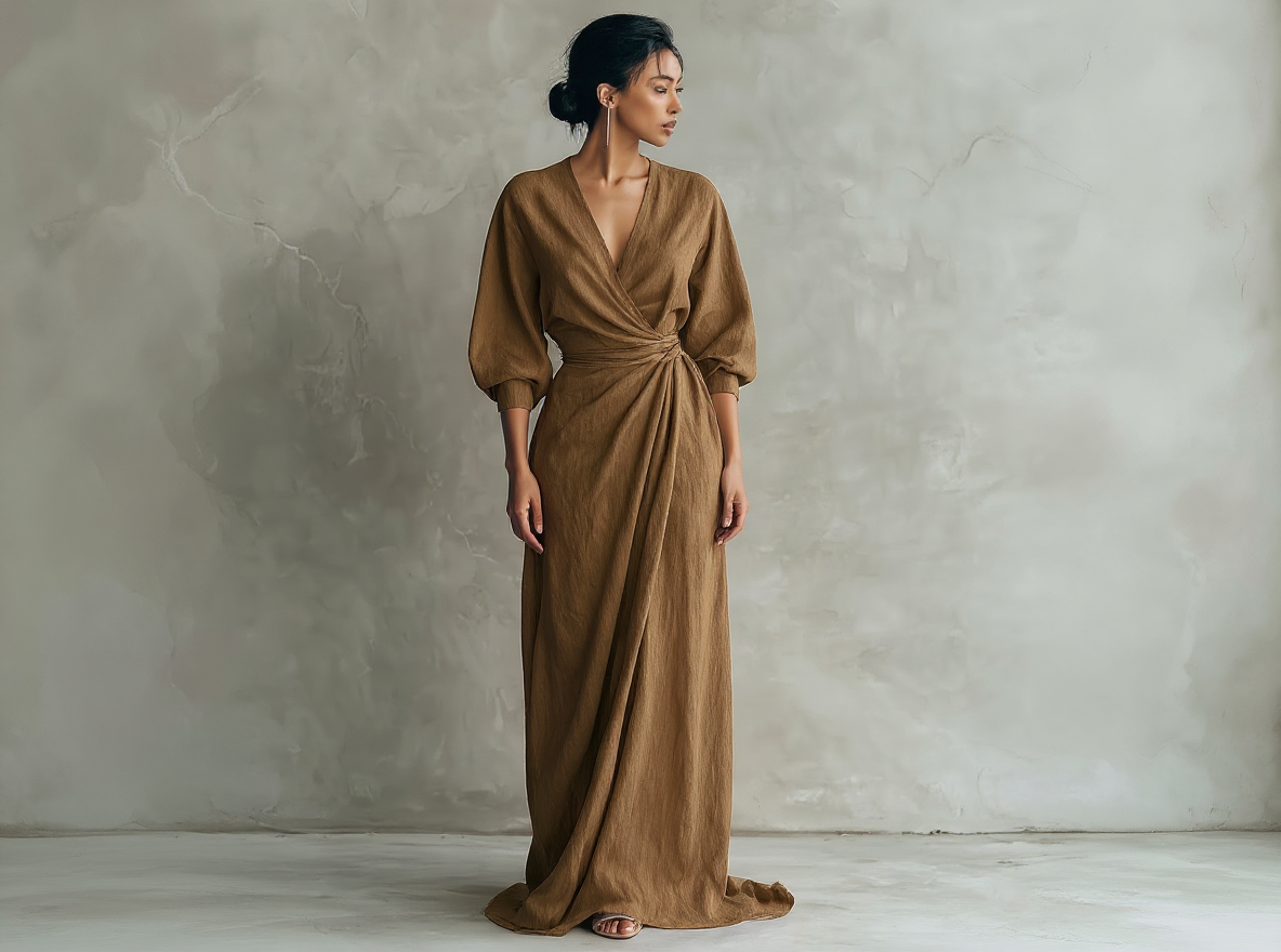 Pink Minimalist Long Dress with V-Neck in Linen Blend for Women