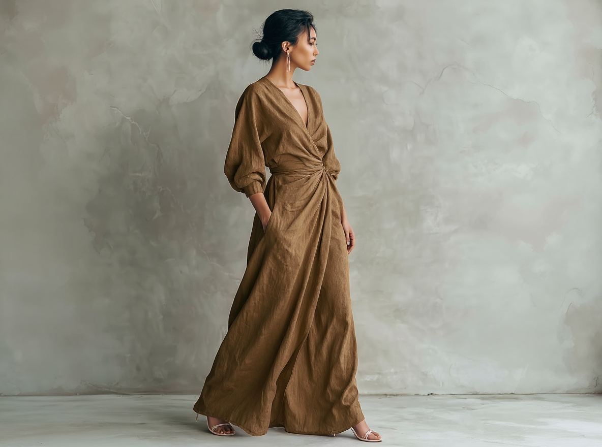 Pink Minimalist Long Dress with V-Neck in Linen Blend for Women