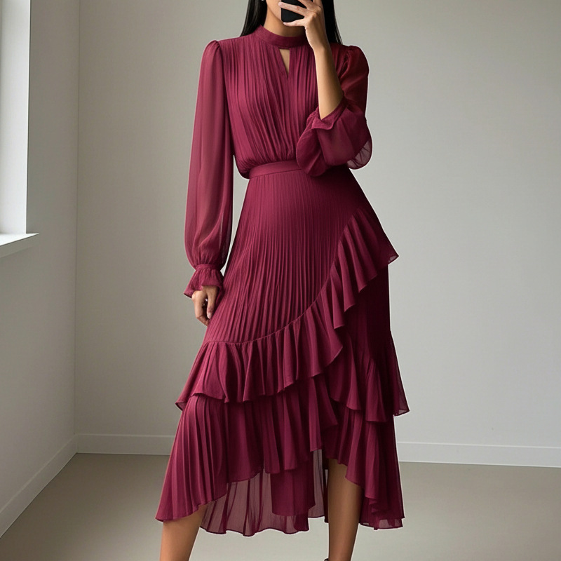 Elegant pleated midi dress with ruffles