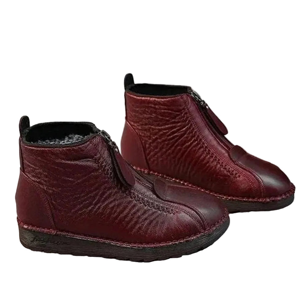 Women’s Fleece-Lined Leather Ankle Boots – Front-Zip Warm Walking Style for Casual Autumn Winter and Everyday Outdoor Wear