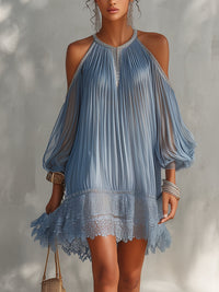Marta | Blue Ruffled Mini Dress with Off-the-Shoulder Design and Lace Trim