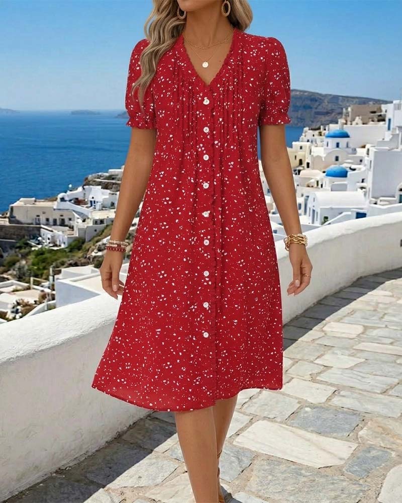 Floral Button-Down V-Neck Dress
