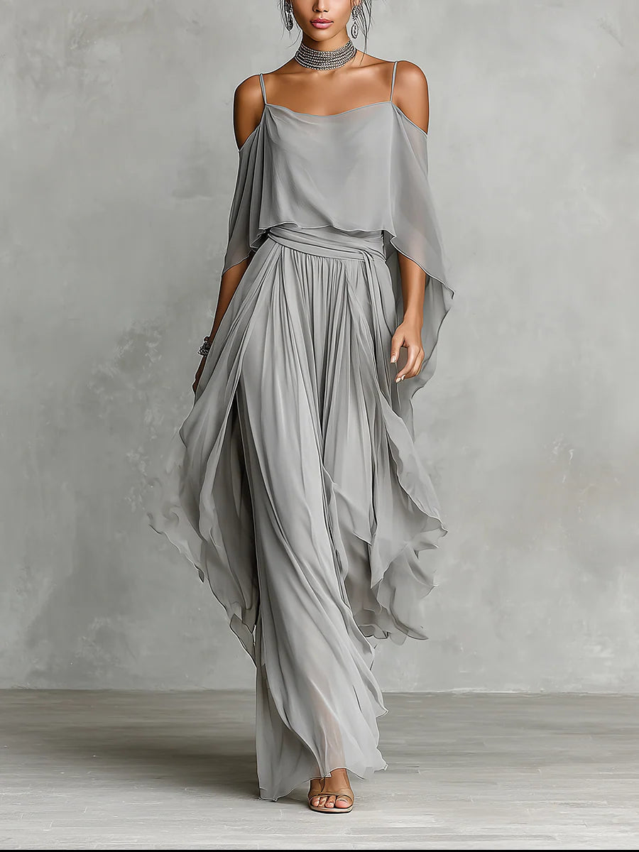 Isabella - Set consisting of a fluid gray tank top with exposed shoulders and chiffon pants