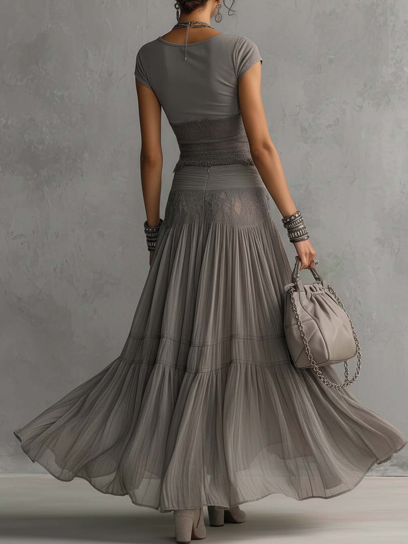 Alba - Complete with gray lace panel top and long pleated skirt