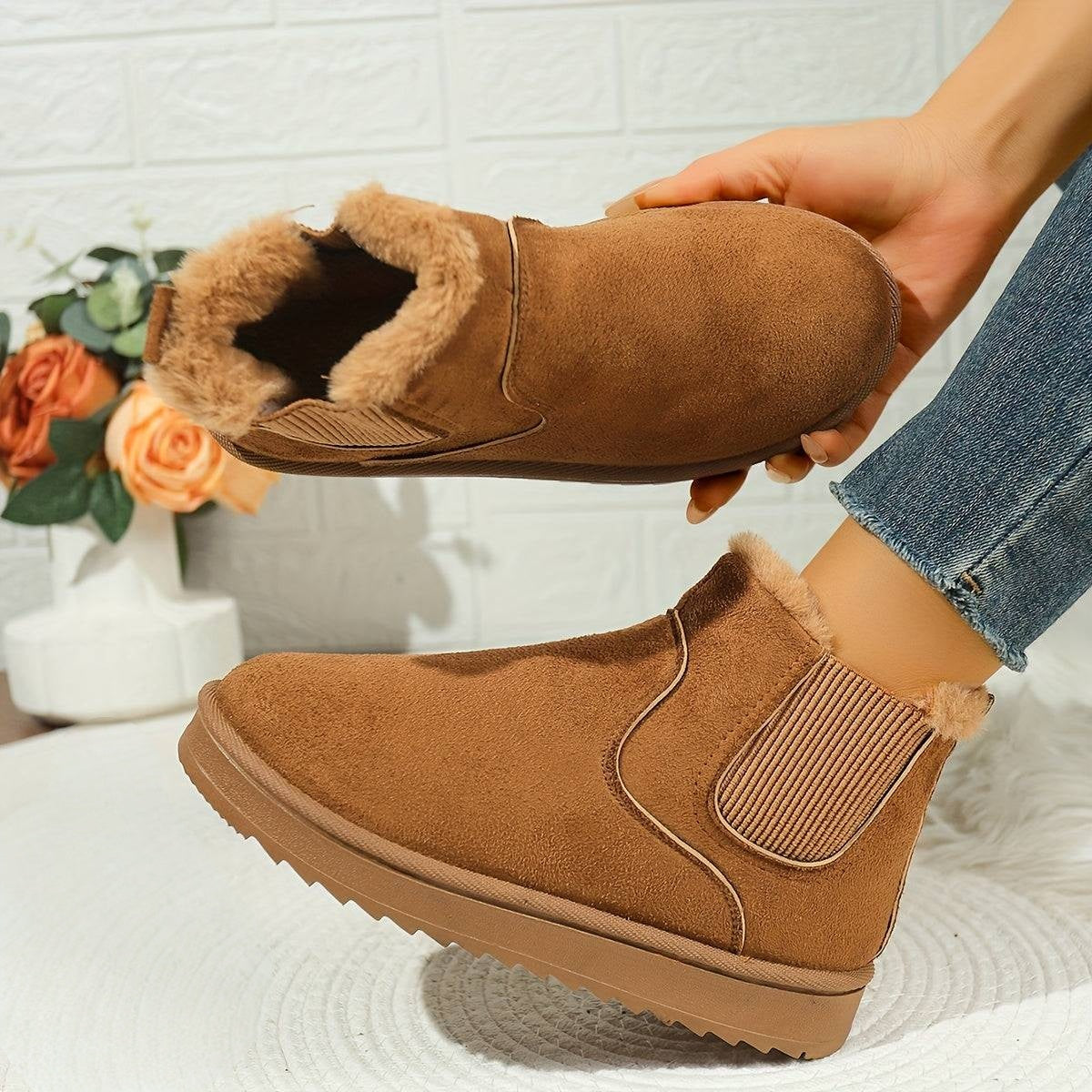 Platform Ankle Boots with Elastic Side Panels and Plush Lining, Textured Grip Sole