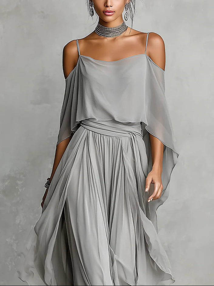 Isabella - Set consisting of a fluid gray tank top with exposed shoulders and chiffon pants