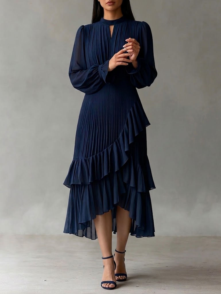 Elegant pleated midi dress with ruffles