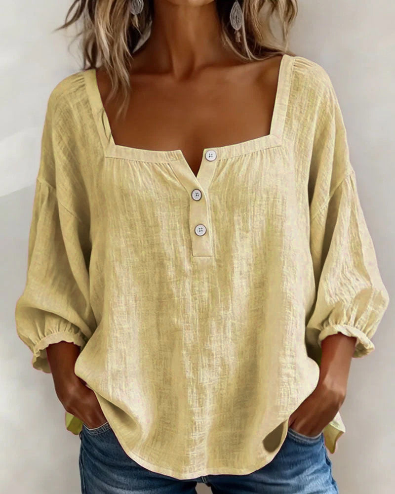Harper | Cotton-Linen Square Collar Blouse