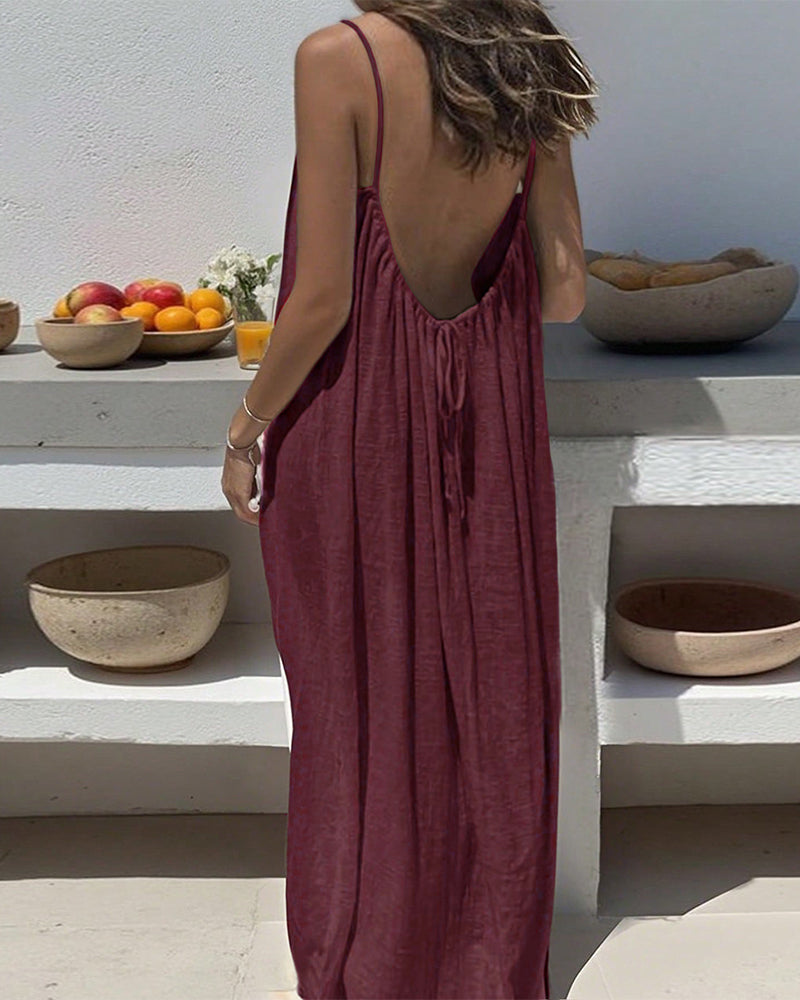 Solid Color Pleated Backless Spaghetti Strap Maxi Dress