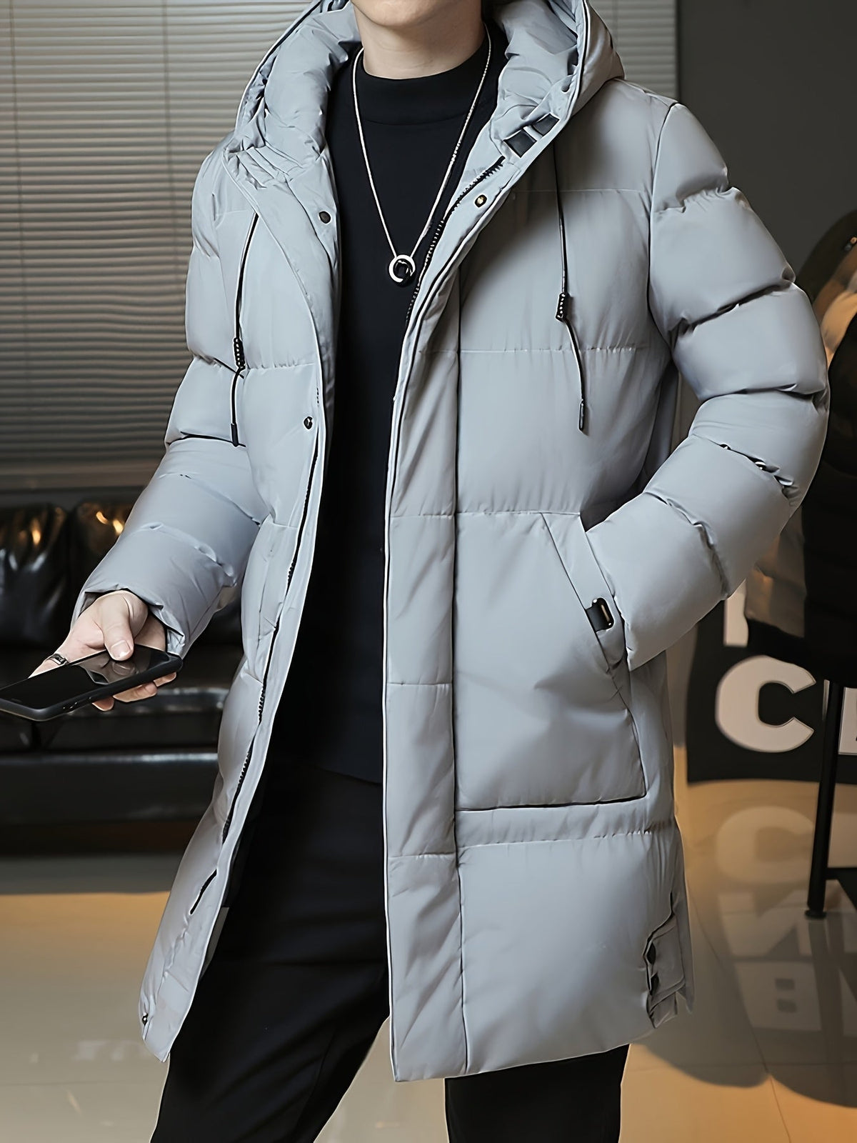 Insulated Longline Hooded Coat with Full-Length Zipper and Adjustable Hood