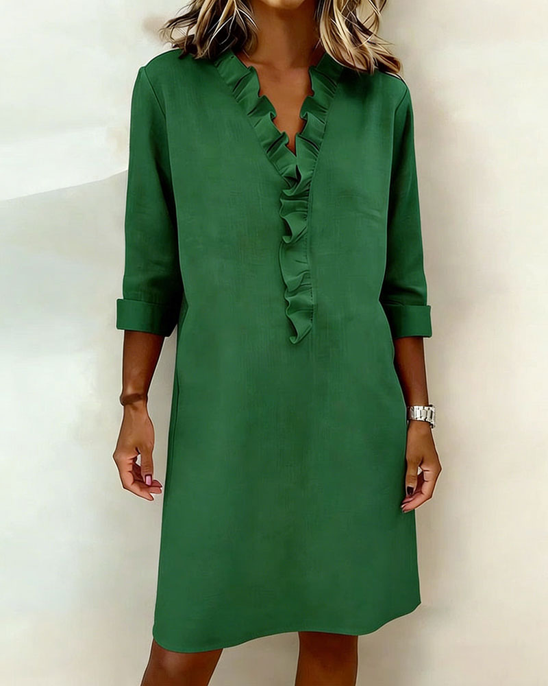 Ruffled V-Neck Solid Dress
