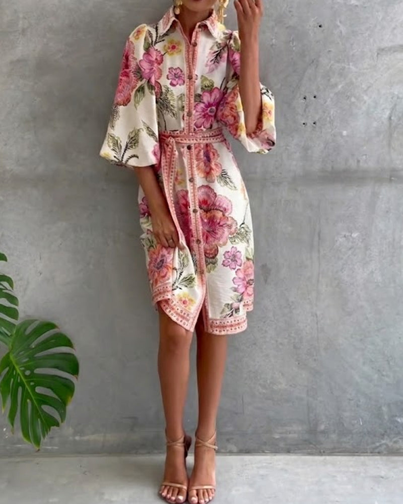 Lantern Sleeve Dress with Notched Collar Print