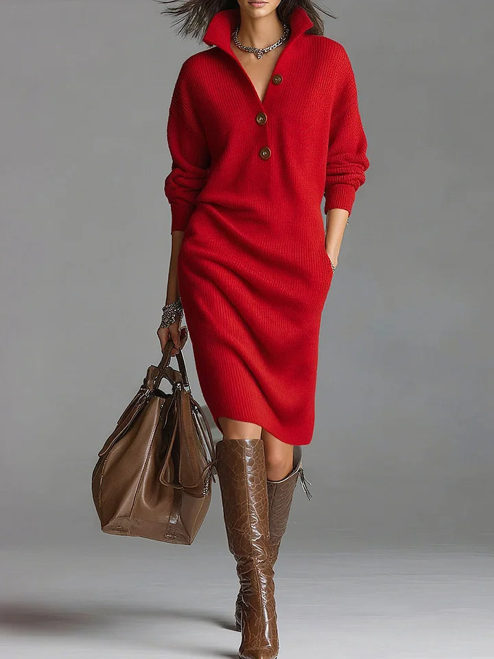 Ribbed Knit Collared Sweater Dress