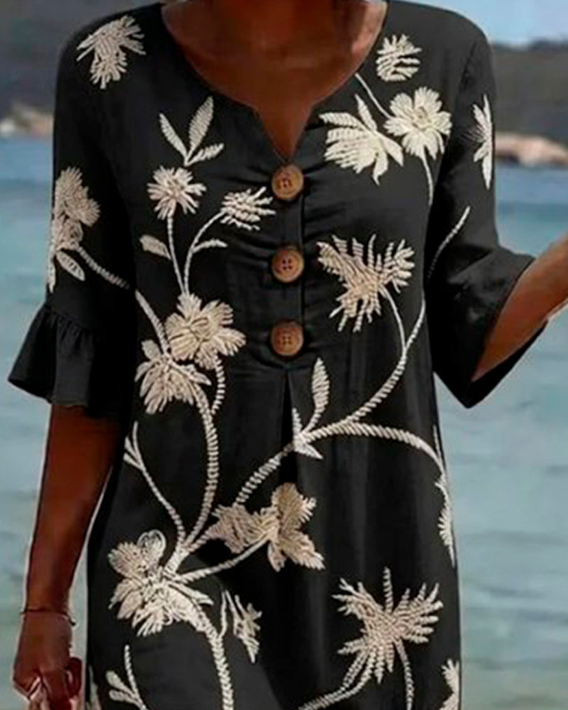 Ruffled V-Neck Mini Dress with 3/4 Sleeves