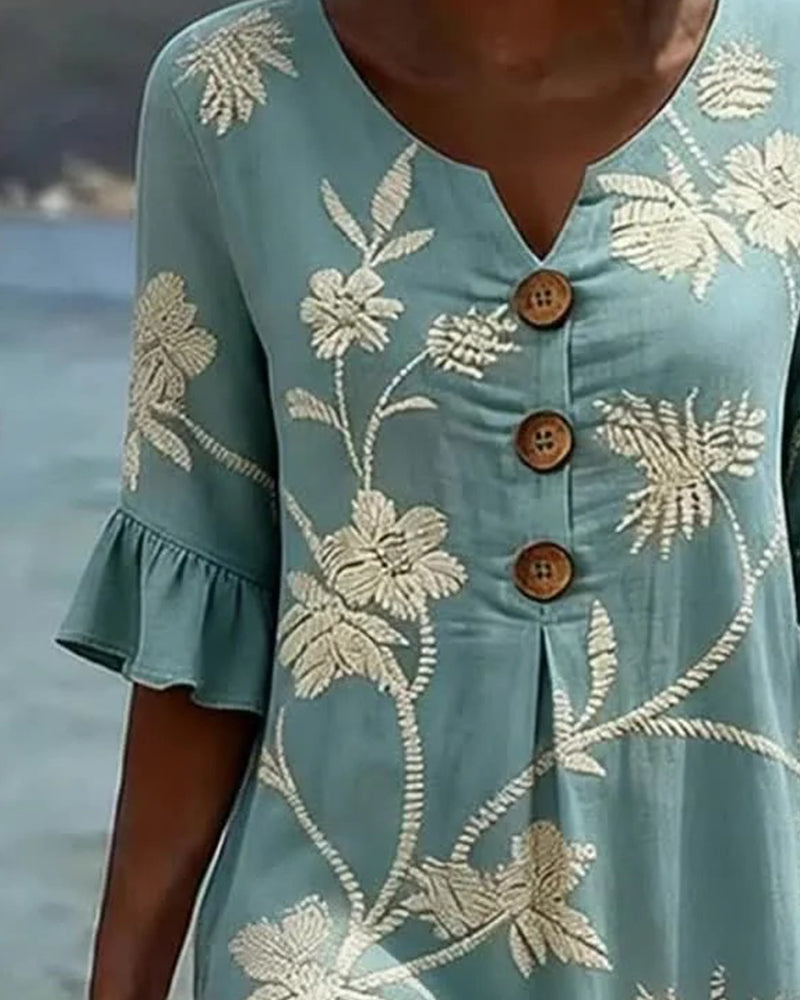 Ruffled V-Neck Mini Dress with 3/4 Sleeves