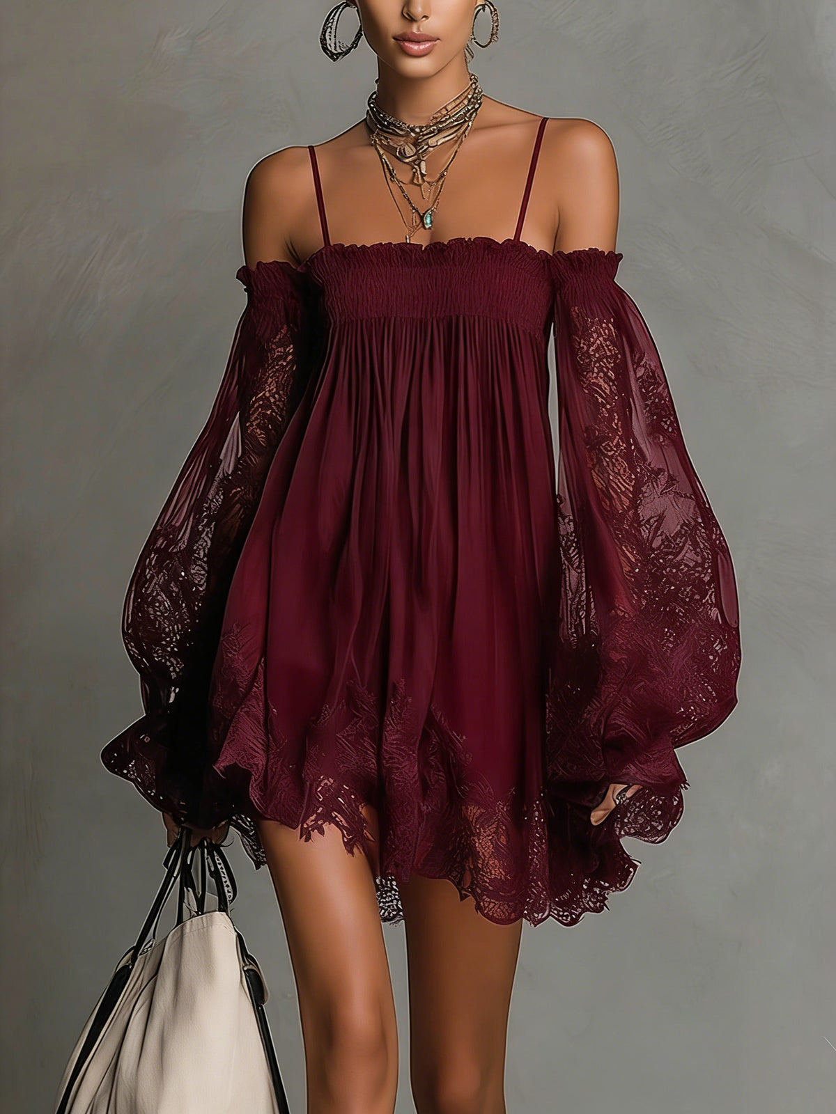 Noemi - Navy blue chiffon mini dress with off-the-shoulder neckline, lace trim, and sheer sleeves