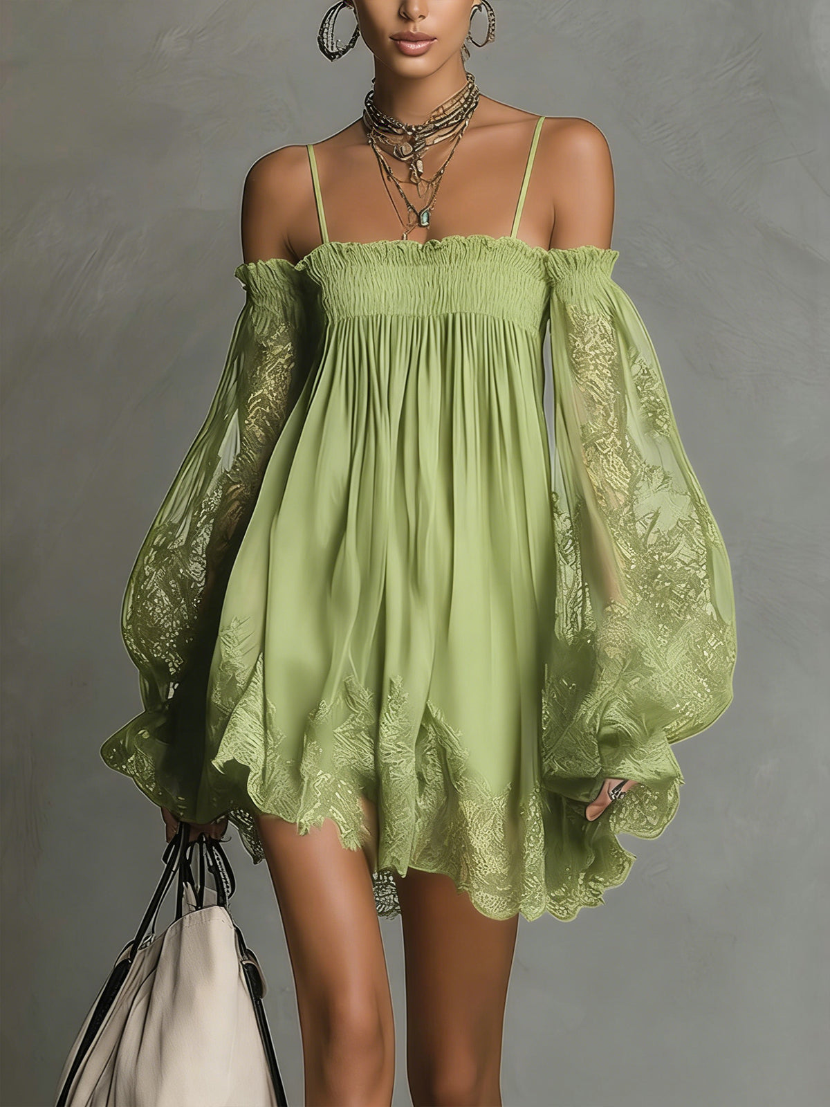 Noemi - Navy blue chiffon mini dress with off-the-shoulder neckline, lace trim, and sheer sleeves