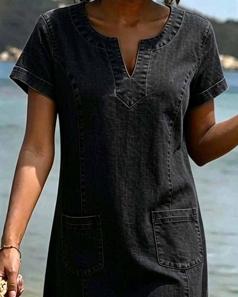Casual Sheath Dress with Pocket and Small V-Neck