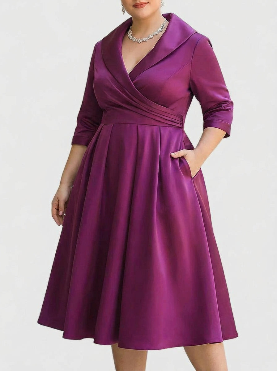 Lydia | Wrap-Collar Satin A-Line Midi Dress