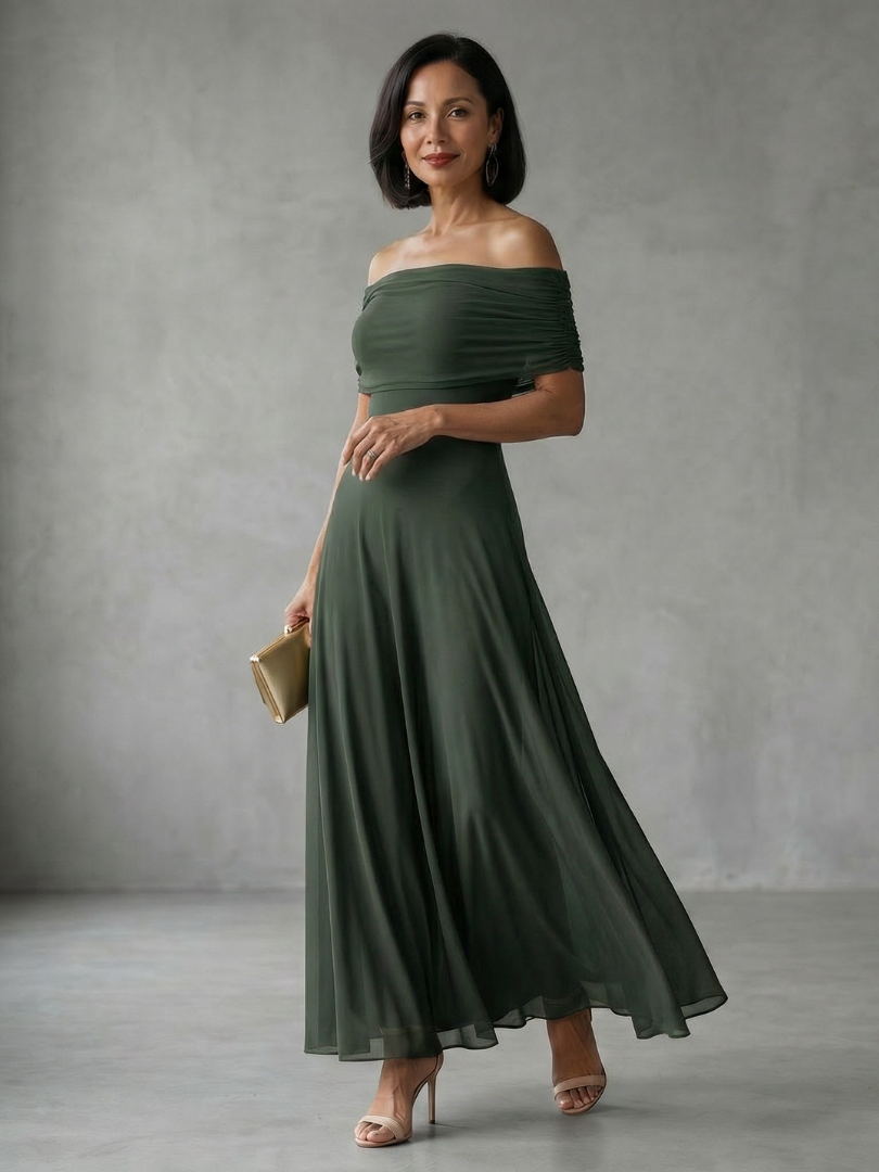 Aubrey | Off-Shoulder Midi Dress with Sheer Overlay