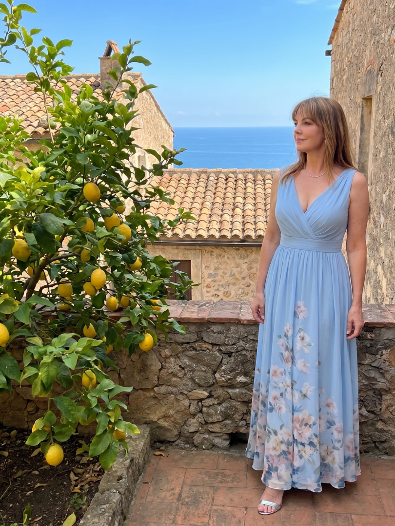 Floral-Hem Sleeveless V-Neck Midi Dress