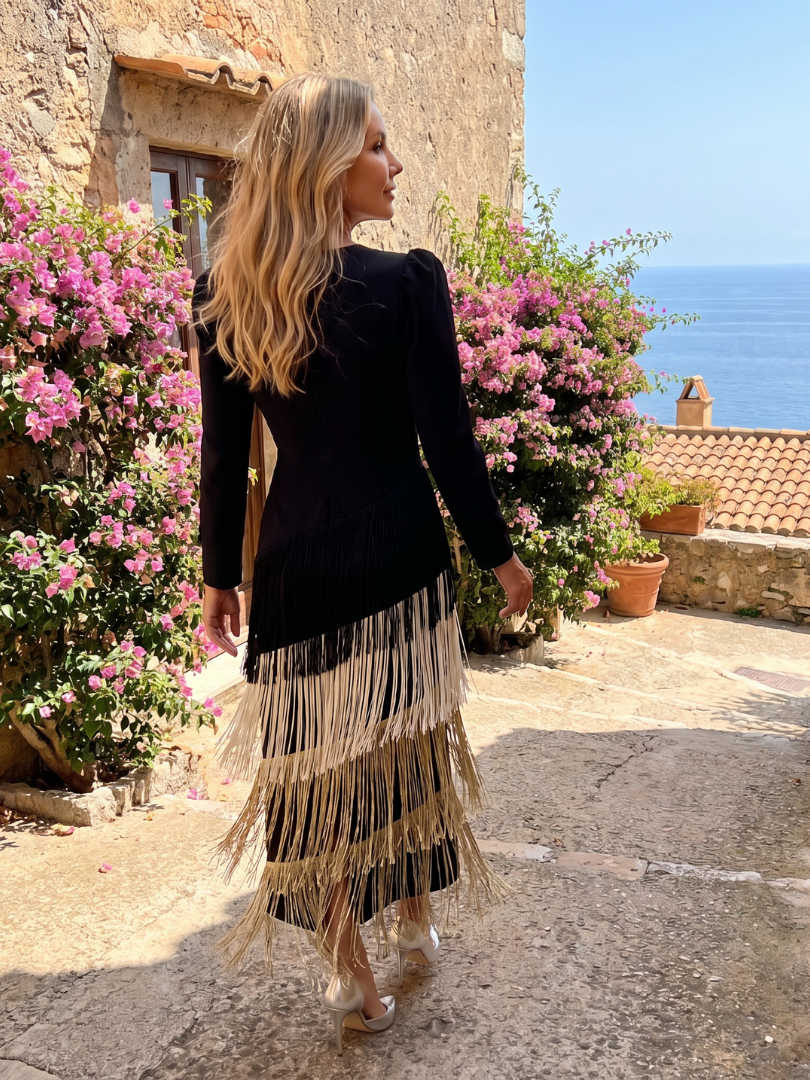 Ava | Long Sleeve Midi Dress with Tiered Fringe Skirt