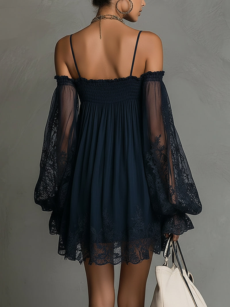 Noemi - Navy blue chiffon mini dress with off-the-shoulder neckline, lace trim, and sheer sleeves