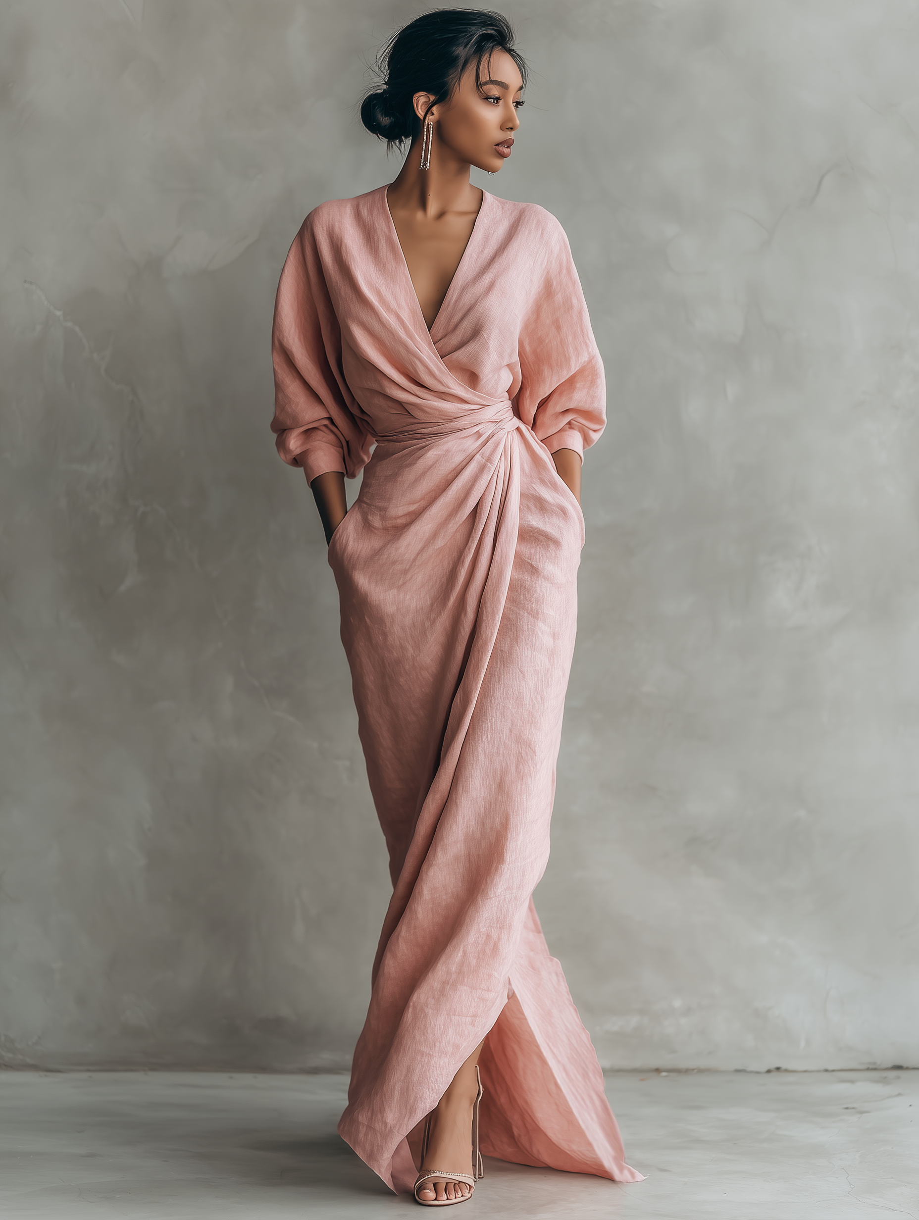 Pink Linen Maxi Dress V-Neck