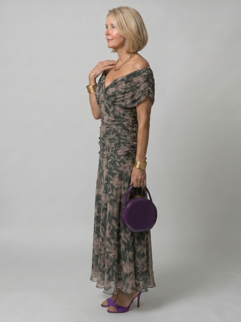 Off-Shoulder Draped Midi Dress