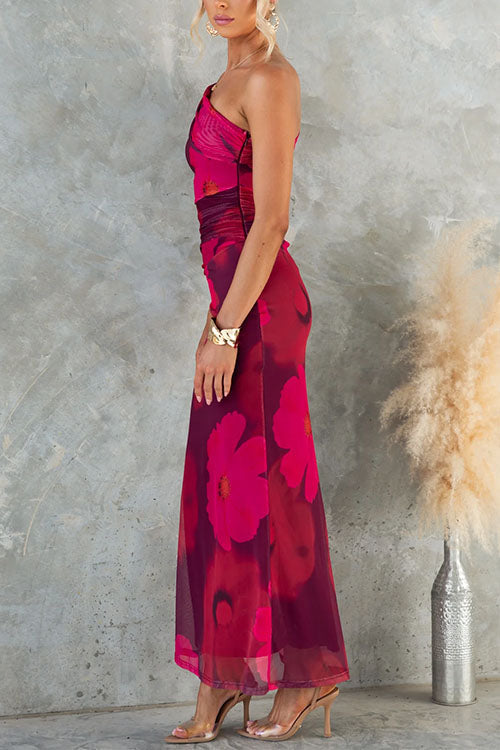 One Shoulder Floral Print Mesh Bodycon Maxi Dress