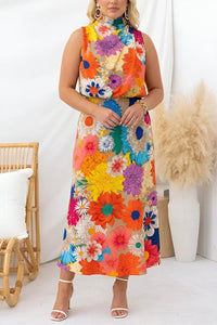 Summer | Sleeveless Tie Neck Waisted Floral Print Maxi Dress