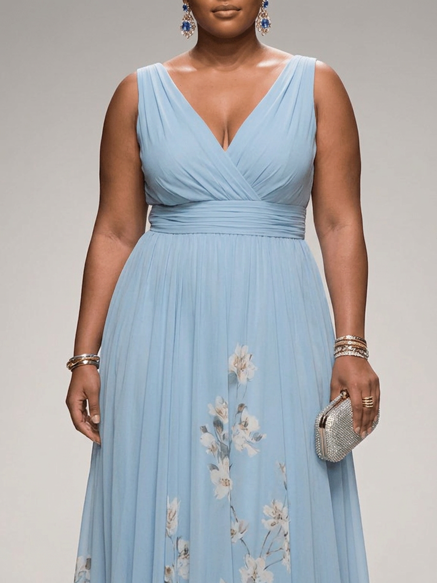 Rose | Light Blue Floral Chiffon V-Neck Maxi Dress
