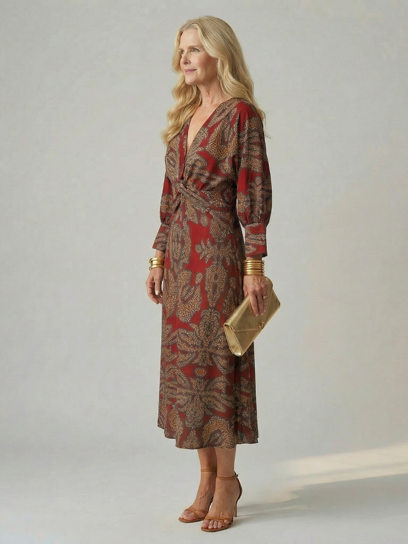 Long-Sleeve Wrap Midi Dress
