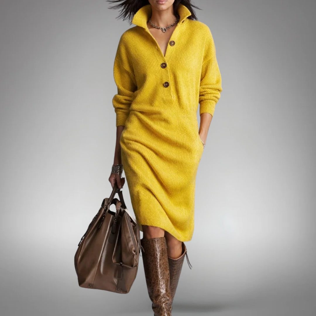 Button-Collar Midi Dress