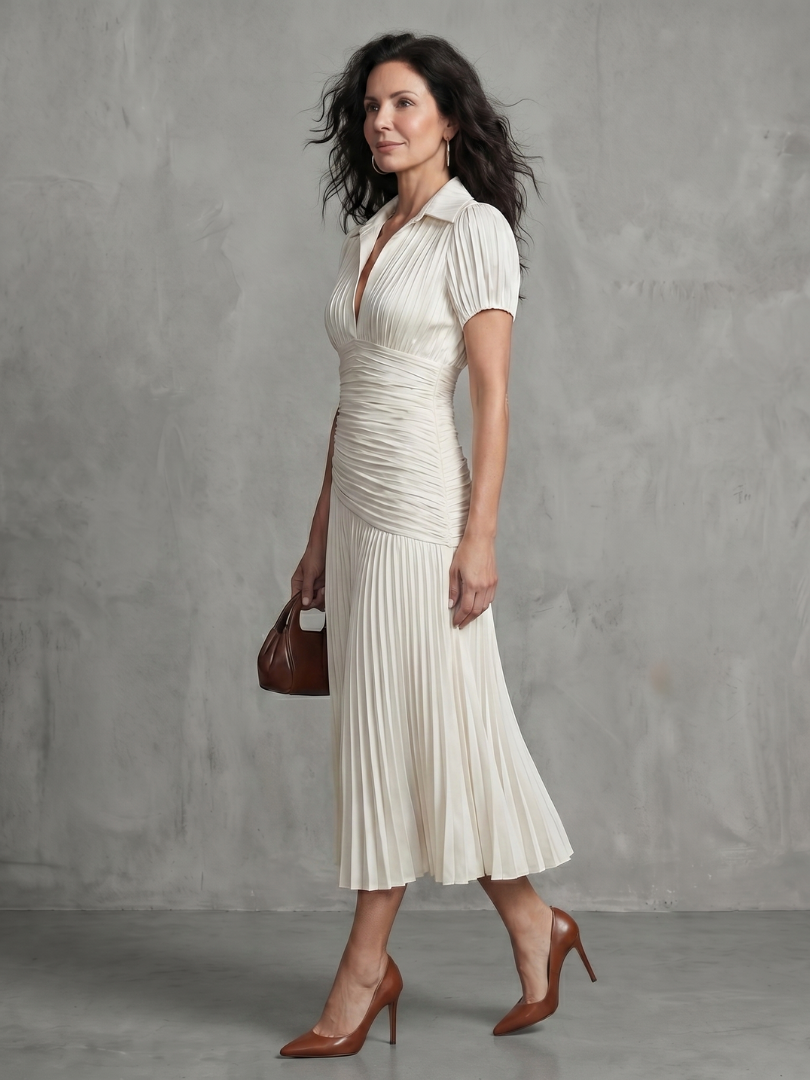 Striped Pleated-Waist Midi Dress