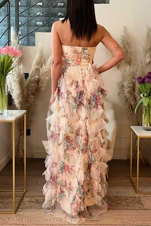 Strapless Floral Print Ruffle Layered Maxi Dress