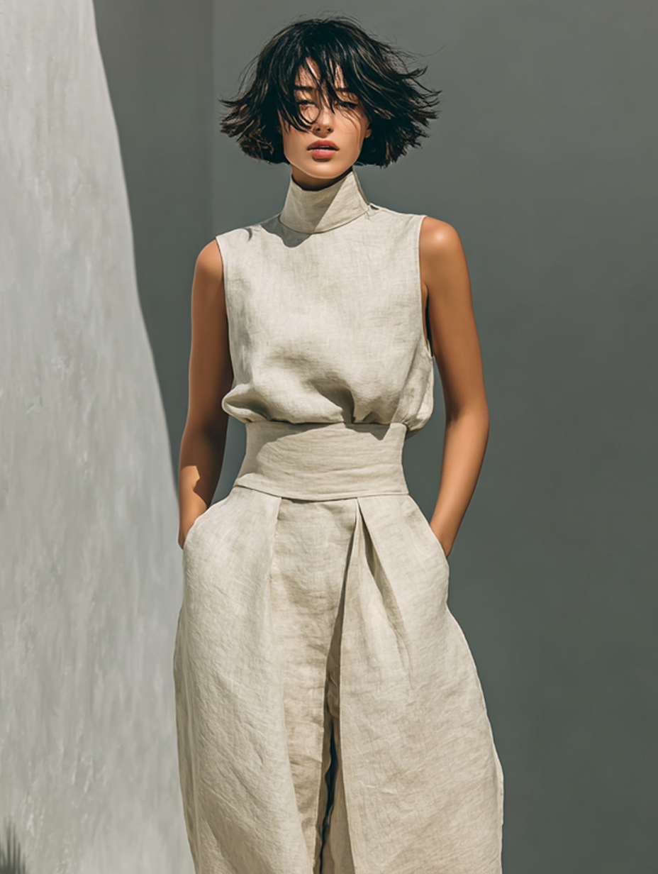 Maria - Complete with tank top and wide-leg cotton and linen minimalist pants for women
