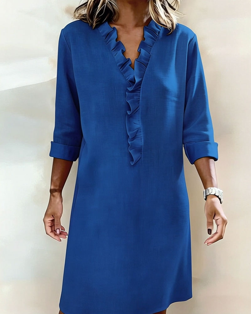 Ruffled V-Neck Solid Dress